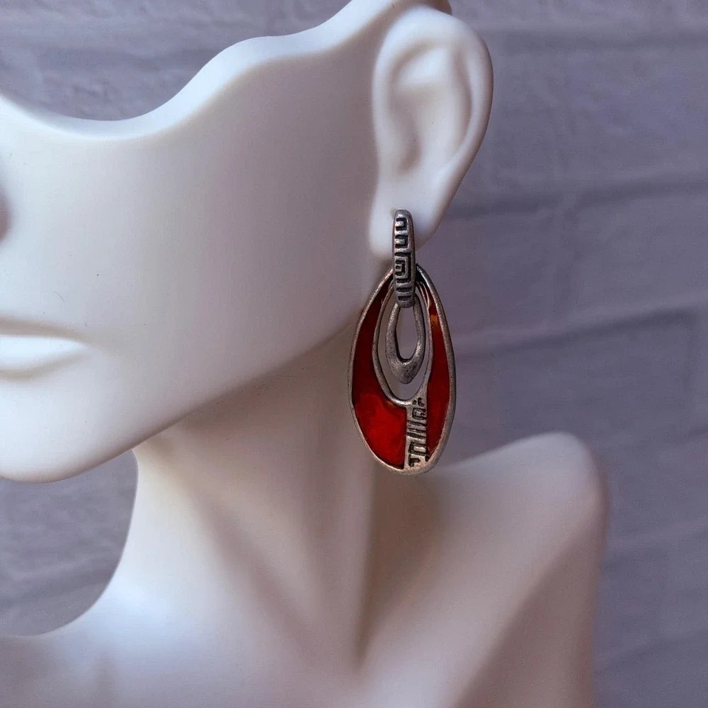 Vintage 1990s Chico's Red Jointed Statement Dangle Earrings Modernist Pierced‎